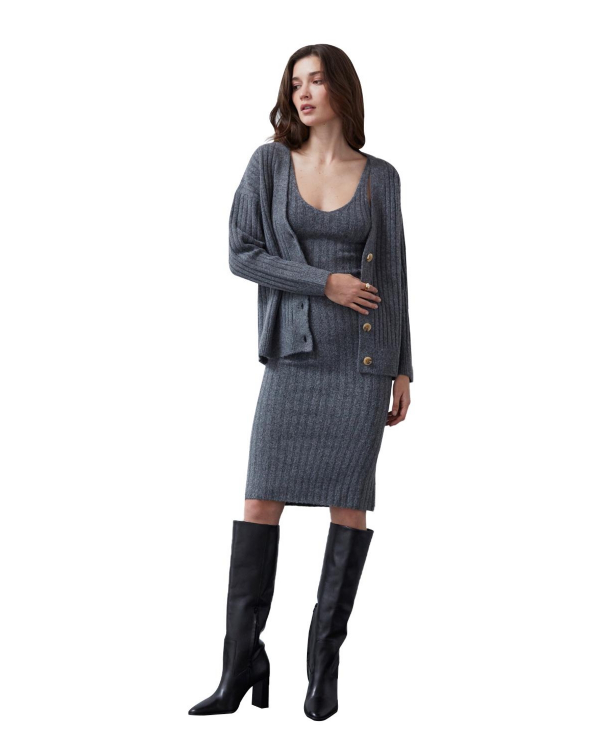 Women's Mave Brushed Ribbed Sweater Dress Two-Piece Set - Dark grey + charcoal
