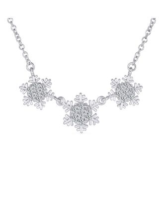 Holiday Party Cubic Zirconia Solitaire CZ Accent Christmas Frozen Winter Sparkling Dainty 3 Multi Snowflake Necklace Sterling Silver