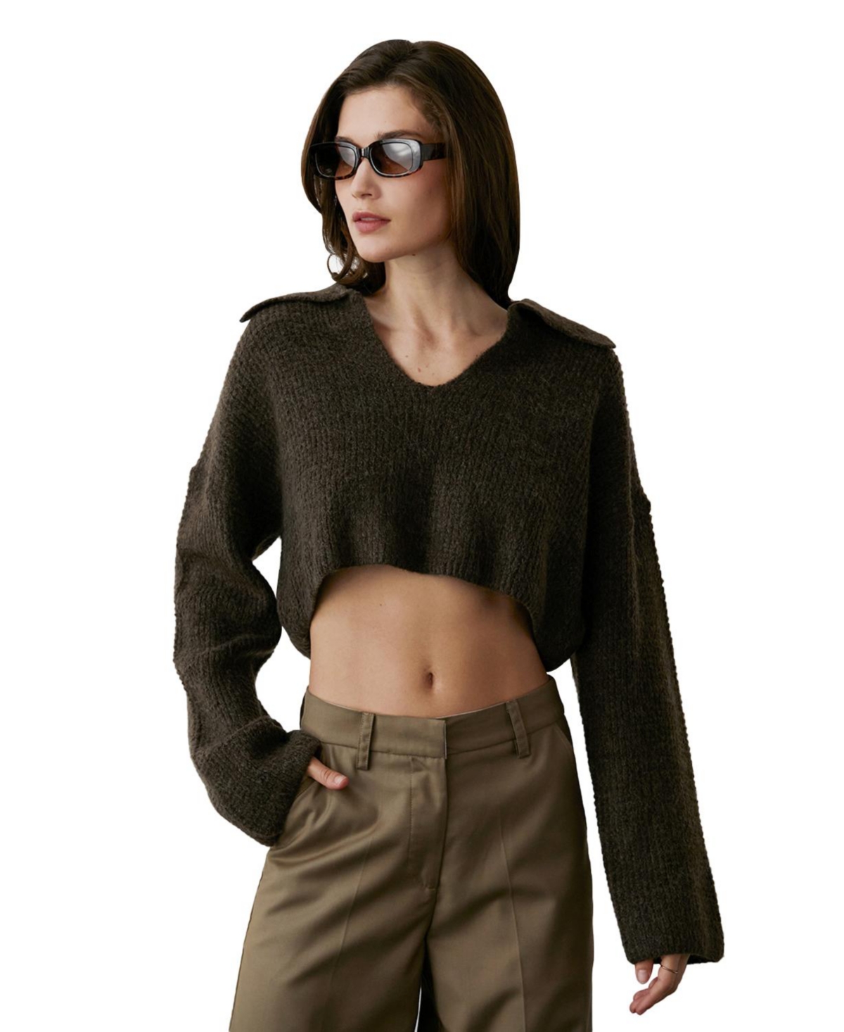 Women's Cecilia Waffle Polo Sweater Knit Top - Dark brown + espresso