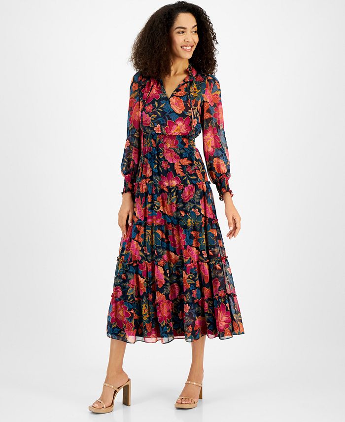 Anna-Kaci Women¡¯s Floral Print Smocked Waist Dress with Long Sleeves, V-Neckline, and Ruffled Hem for a Feminine and Flattering Fit main image 1