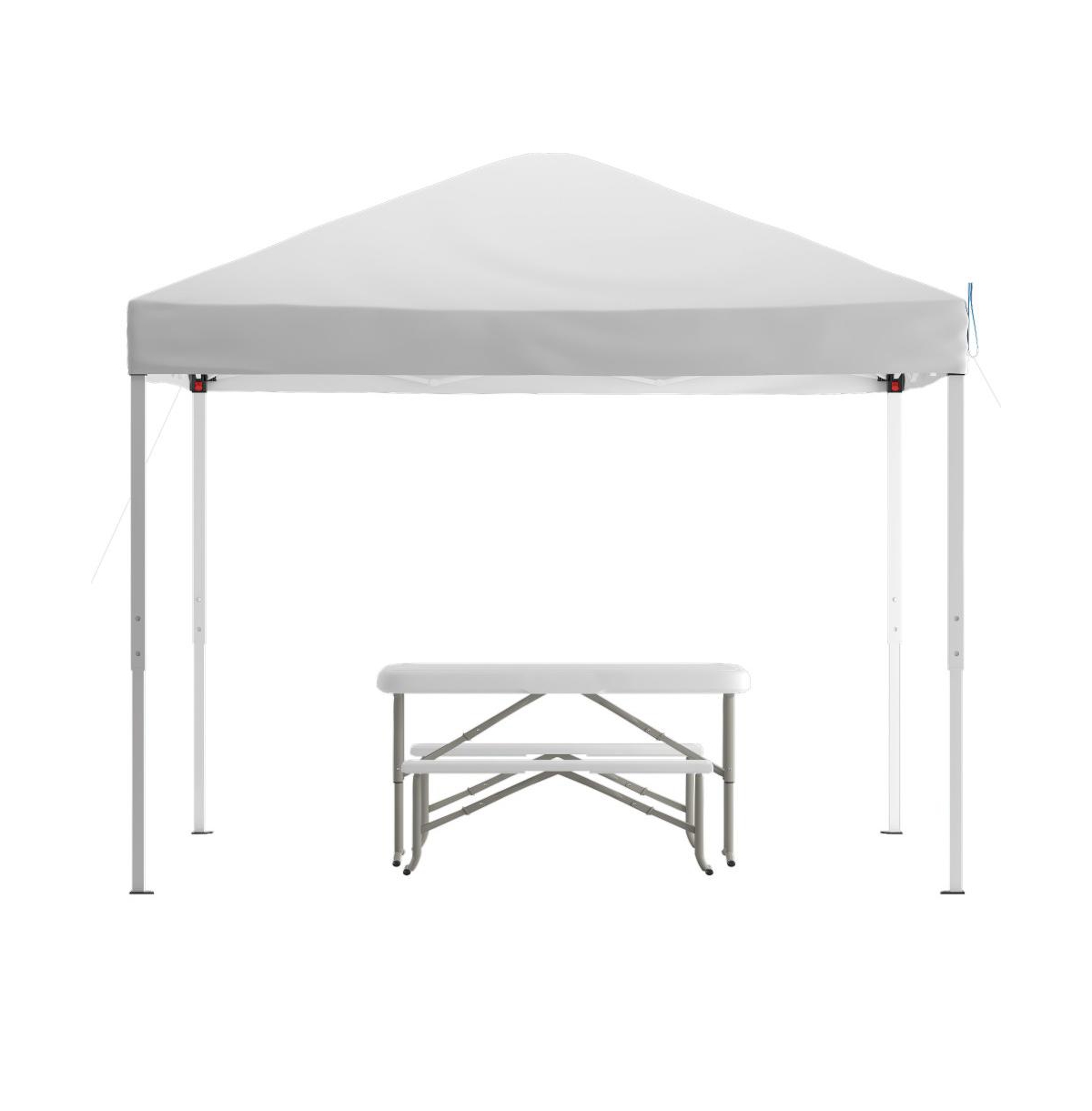 Portable Tailgate, Camping Or Event Set With White Pop Up Event Canopy Tent With Carry Bag And Folding Table With Benches Set - White