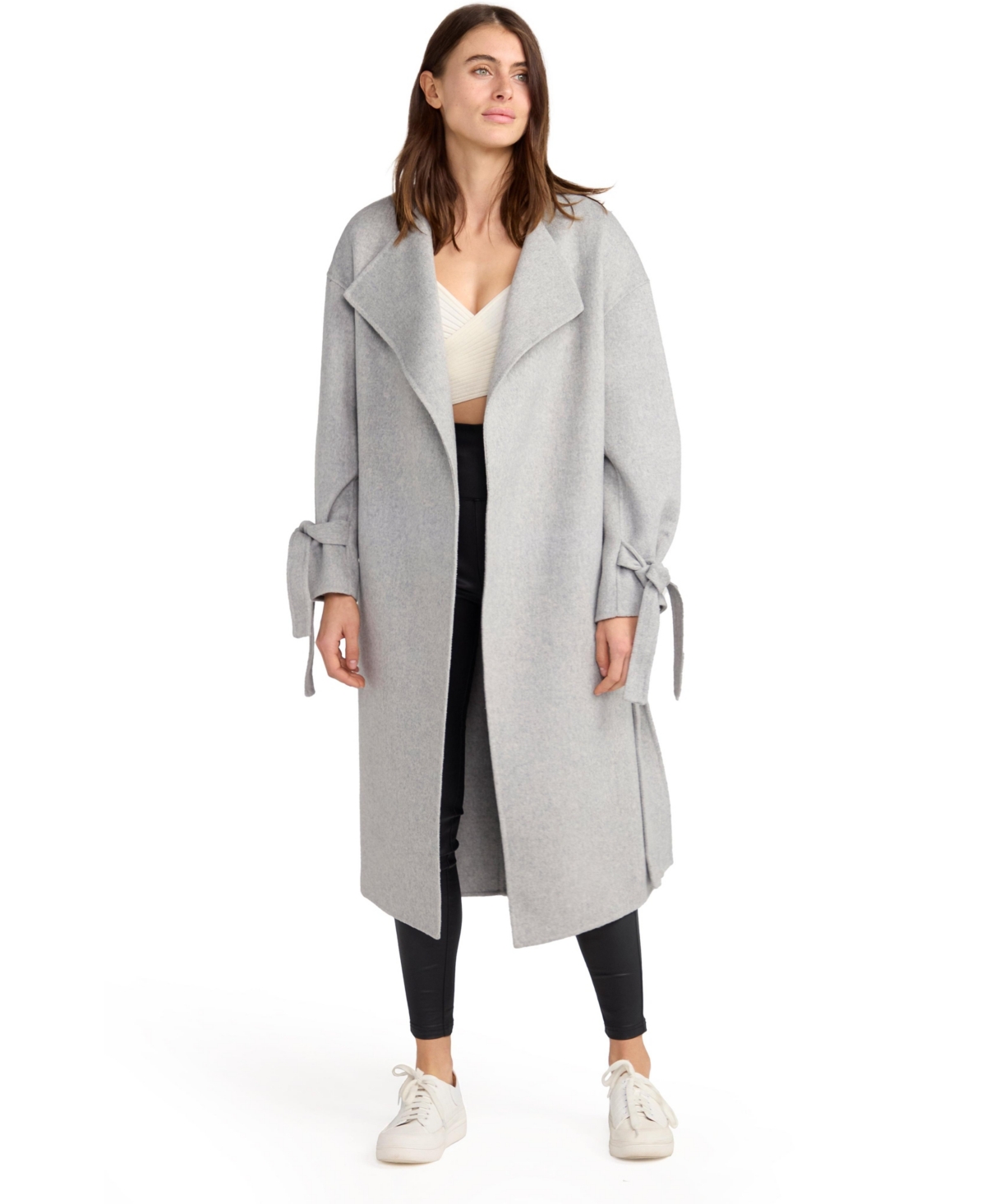 Belle & Bloom Head Over Heels Collarless Belted Wool Blend Coat In Grey Marle