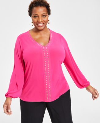I.N.C. International Concepts Plus Size Studded V-Neck Blouson-Sleeve Top,  Created for Macy's - Macy's