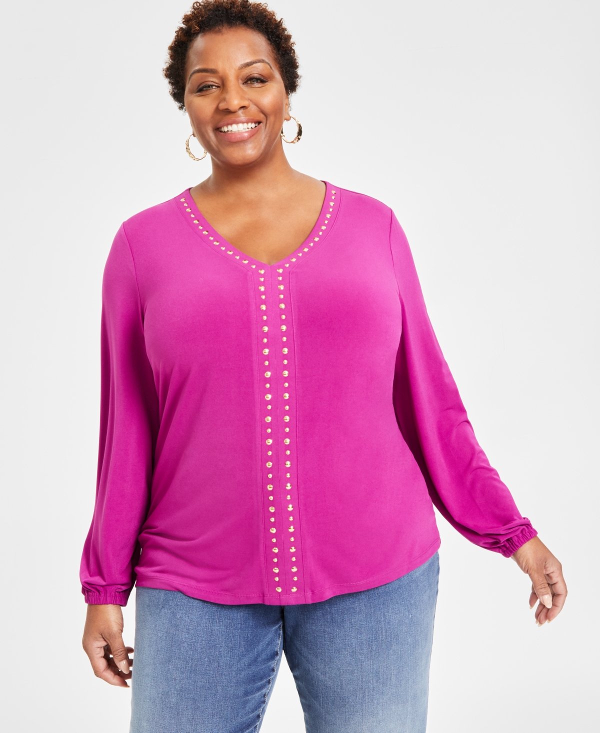 Inc International Concepts Plus Size Studded V-neck Blouson-sleeve Top, Created For Macy's In Violet Crush