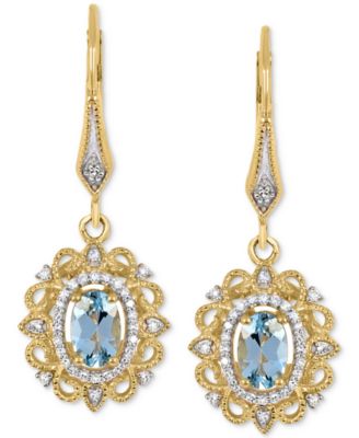 Aquamarine (3/4 ct. t.w.) & Diamond (1/8 ct. t.w.) Halo Drop Earrings in 14k Gold-Plated Sterling Silver