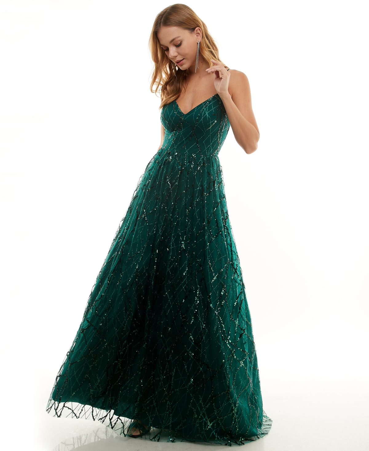 Say Yes Juniors' Glitter-tulle Lace-up V-neck Gown, Created For Macy's In Hunter Green