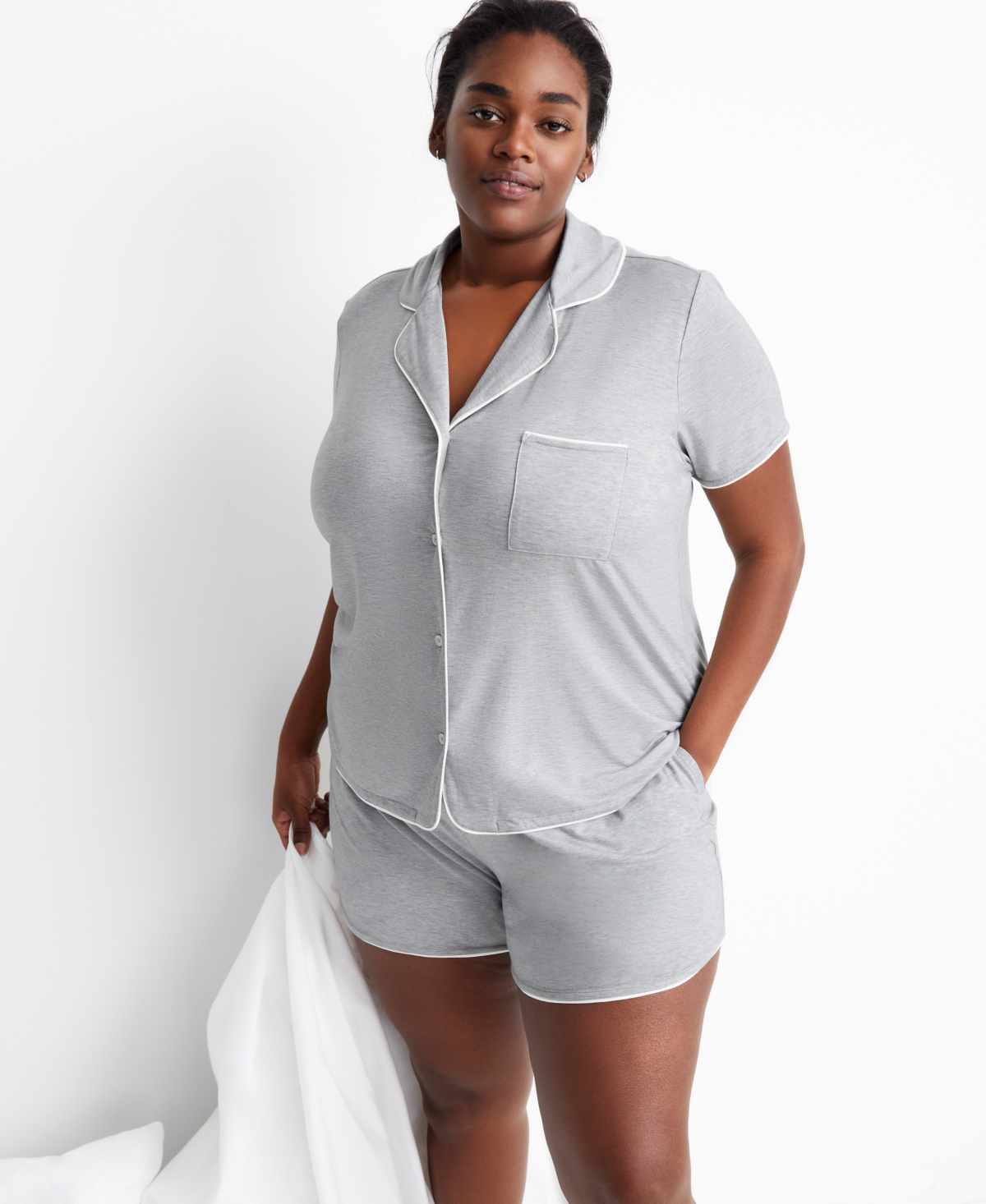 State Of Day Women's 2-pc. Short-sleeve Notched-collar Pajama Set Xs-3x, Created For Macy's In Sleep Grey Heather