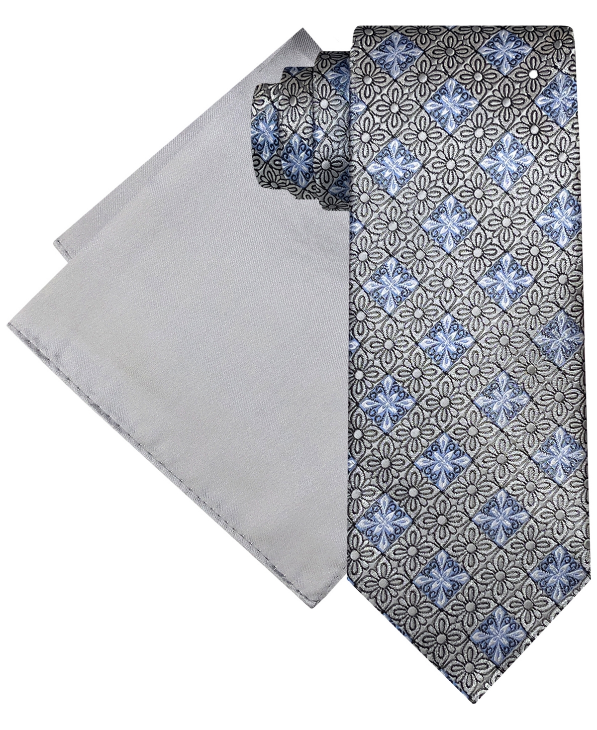 Men's Diamond Tie & Solid Pocket Square Set - Silver