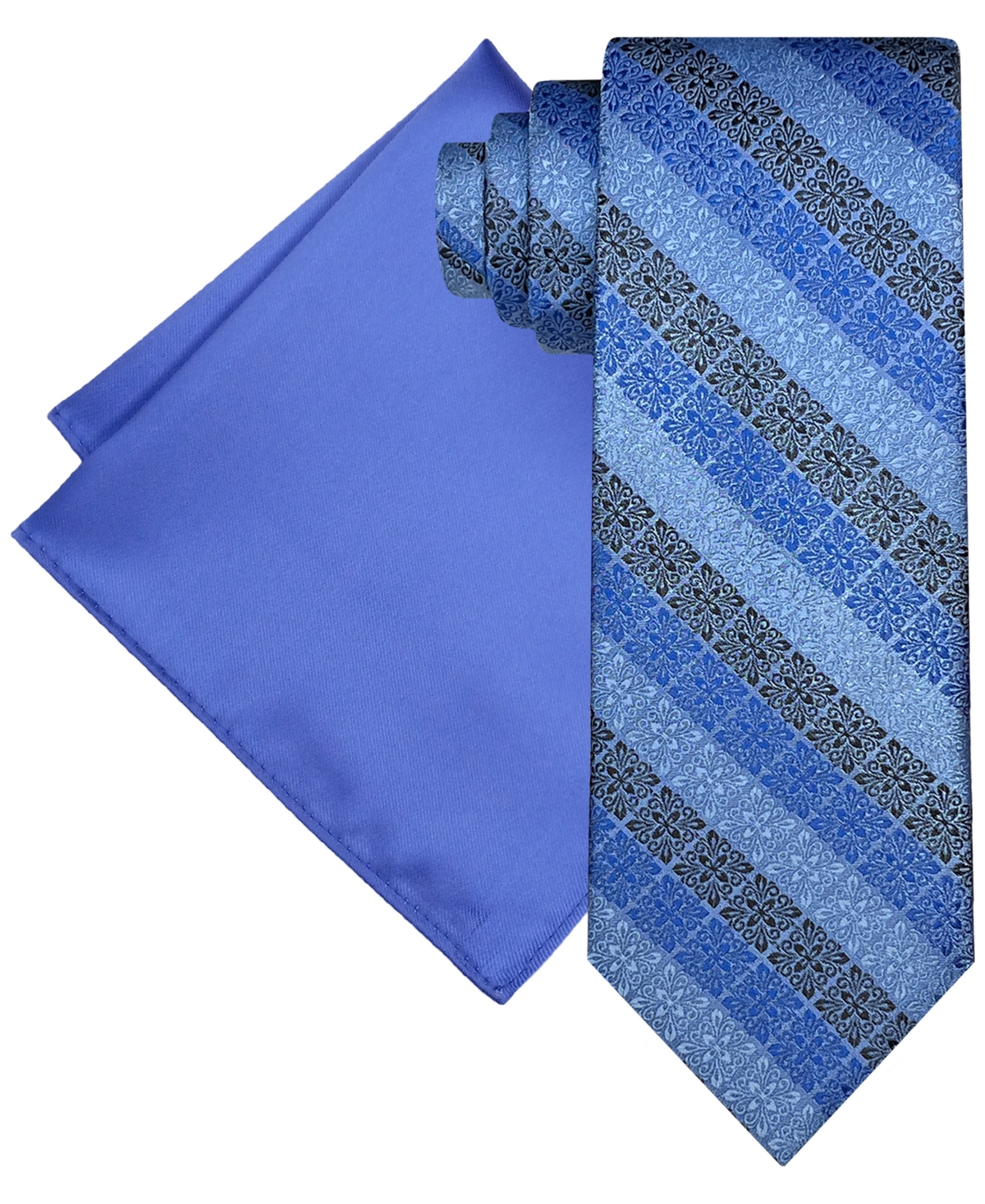 Men's Grid Stripe Tie & Solid Pocket Square Set - Med Blu/sk
