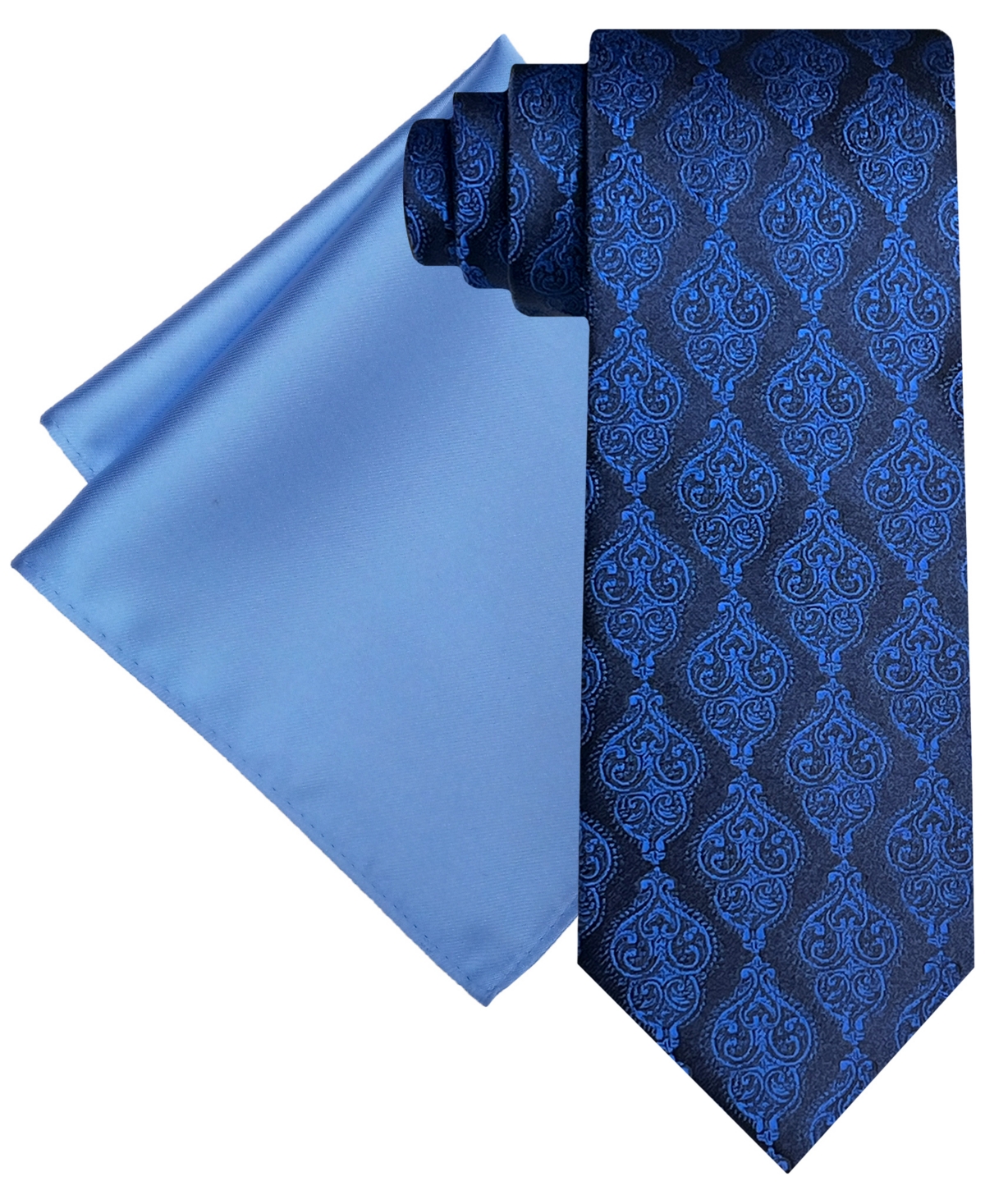 Men's Ornate Royal Tie & Solid Pocket Square Set - Navy