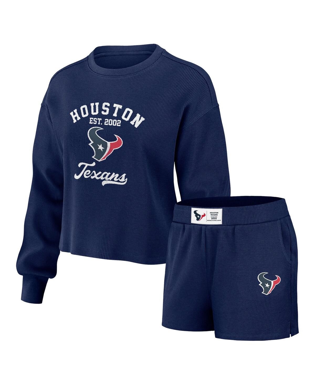 Shop Wear By Erin Andrews Women's  Navy Distressed Houston Texans Waffle Knit Long Sleeve T-shirt And Shor