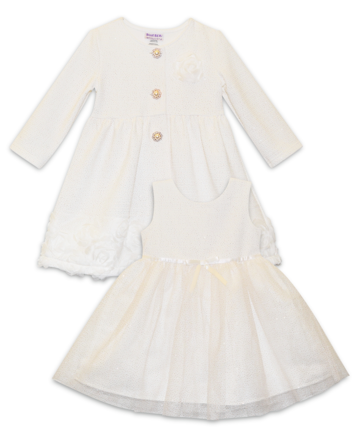 Blueberi Boulevard Baby Girls Rosette Coat And Dress, 2 Piece Set In Cream