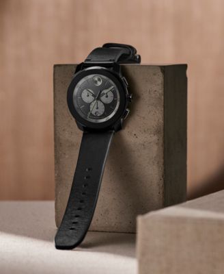 Men's Bold TR90 Swiss Quartz Chronograph Black Leather Watch 44mm