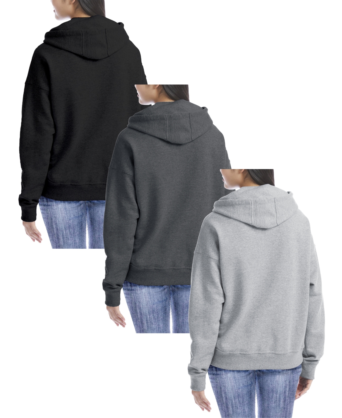 Galaxy By Harvic Women's Fleece-Lined Loose-Fit Full-Zip Sweater Hoodie Set, 3 Pack - Charcoal, Heather Gray