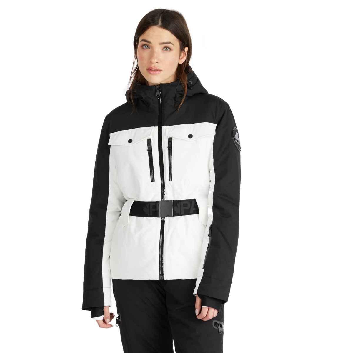 Women's Gabbi Ladies Belted Ski Jacket with Fixed Hood - White op