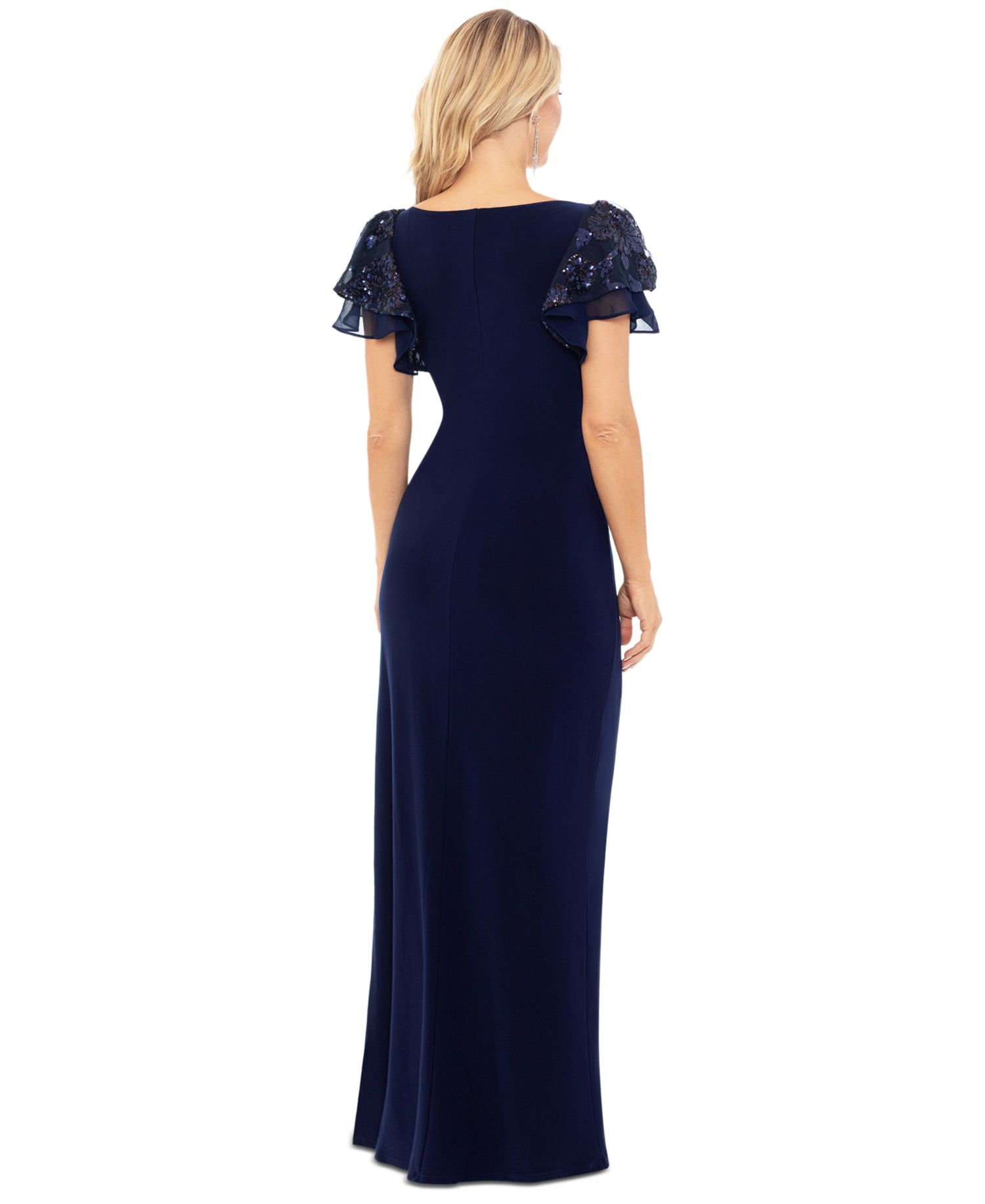 Petite Sequin-Sleeve Surplice-Neck Gown