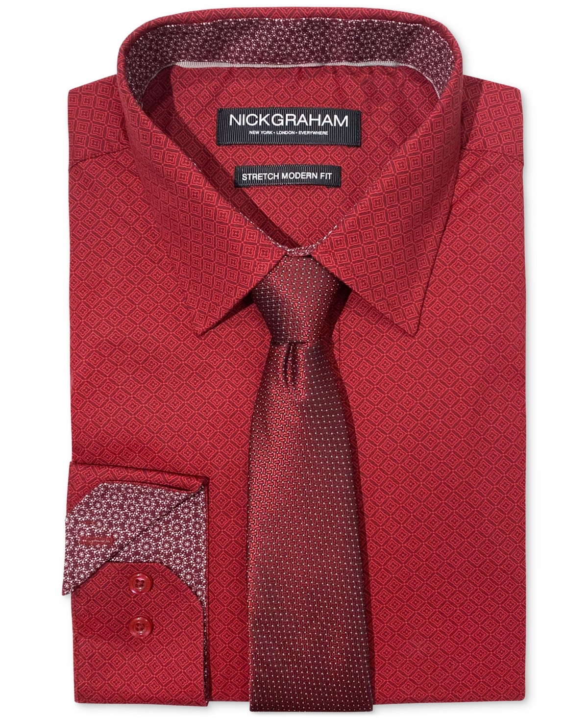 Men's Slim-Fit Diamond Medallion Dress Shirt & Tie Set - Red Multi