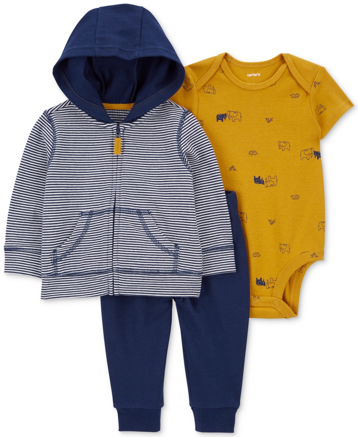 Carter's Baby Boys Cotton Striped Little Jacket, Elephant-print Bodysuit And Pants, 3 Piece Set In Multi