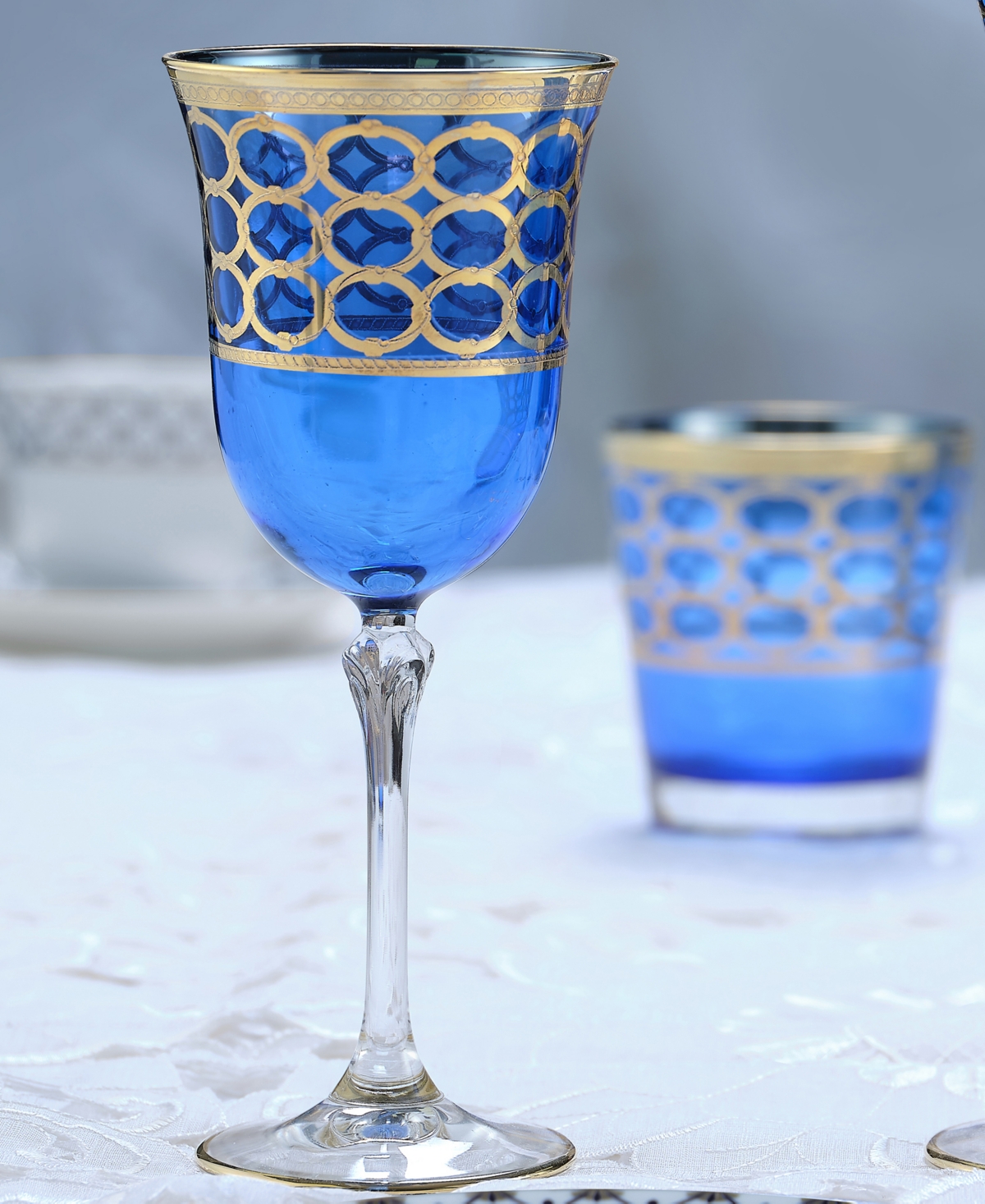 Lorren Home Trends CobaltWhite Wine Goblet with Gold-Tone Rings, Set of 4 - Blue
