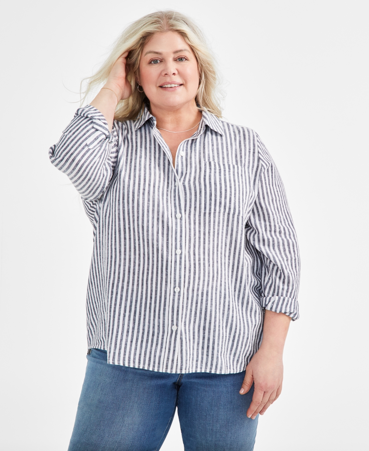 Shop Style & Co Plus Size Linen-blend Striped Perfect Shirt, Created For Macy's In Beach Stripe