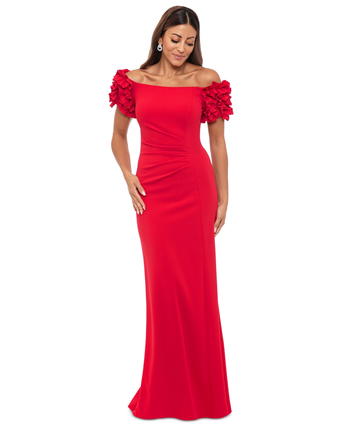 Petite Off-the-Shoulder Ruffle-Sleeve Gown - Red