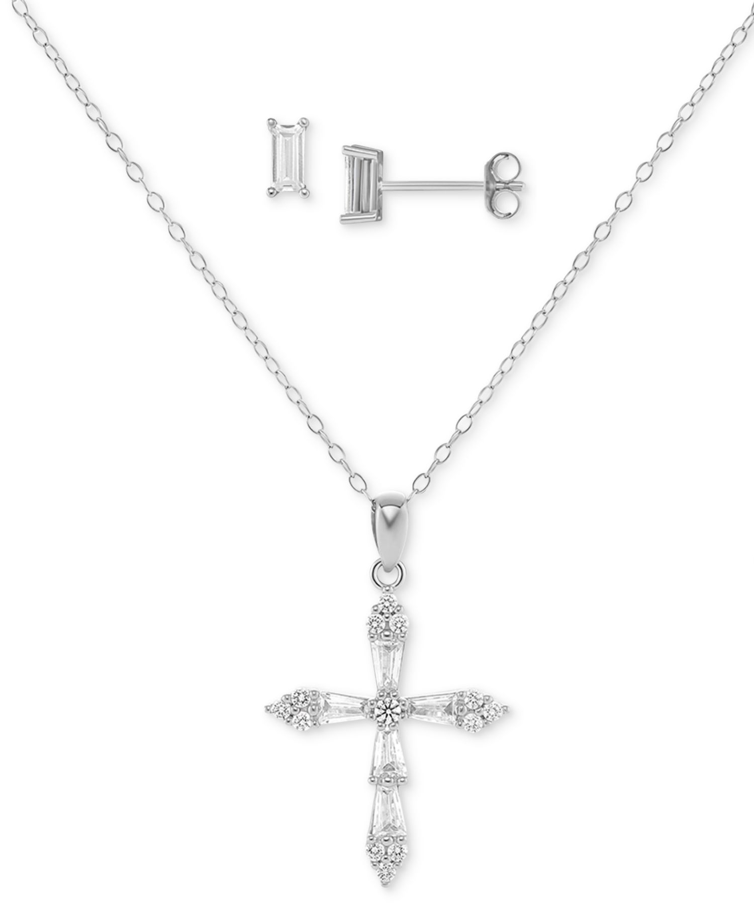 2-Pc. Set Cubic Zirconia Cross Pendant Necklace & Baguette Stud Earrings in Sterling Silver
