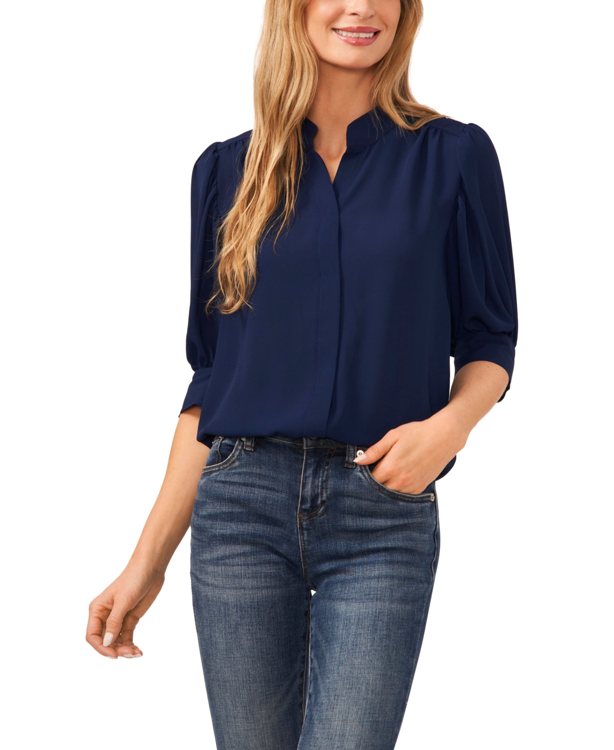 Women's Elbow Sleeve Collared Button Down Blouse - Classic Navy
