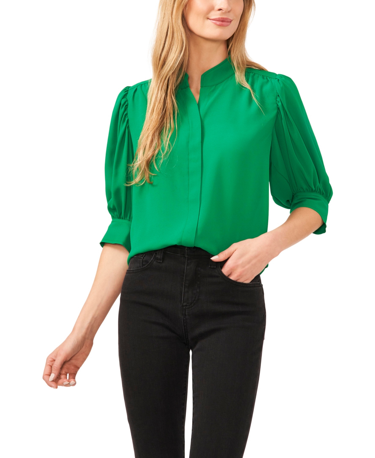 Women's Elbow Sleeve Collared Button Down Blouse - Lush Green