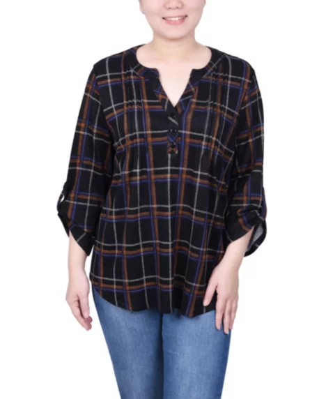Petite Size 3/4 Roll Sleeve Top - Black Ivory Plaid