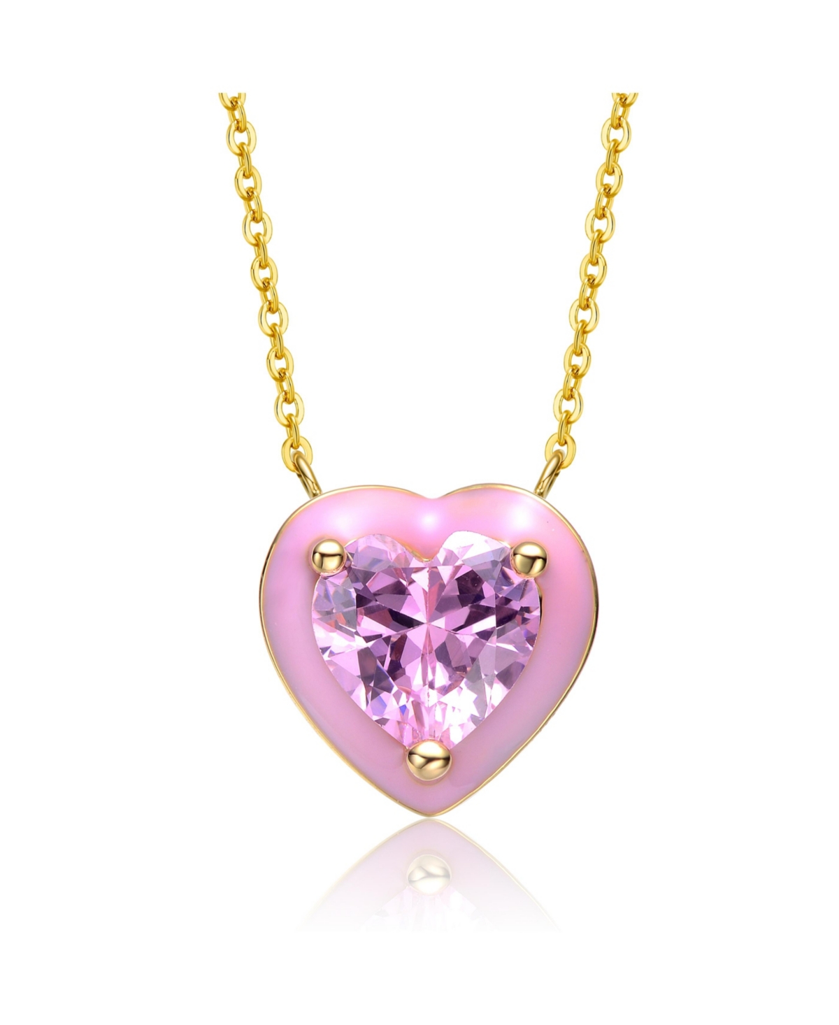 Teens/Young Adults 14k Gold Plated with Pink Morganite Cubic Zirconia Pink Enamel Heart Dainty Pendant - Gold
