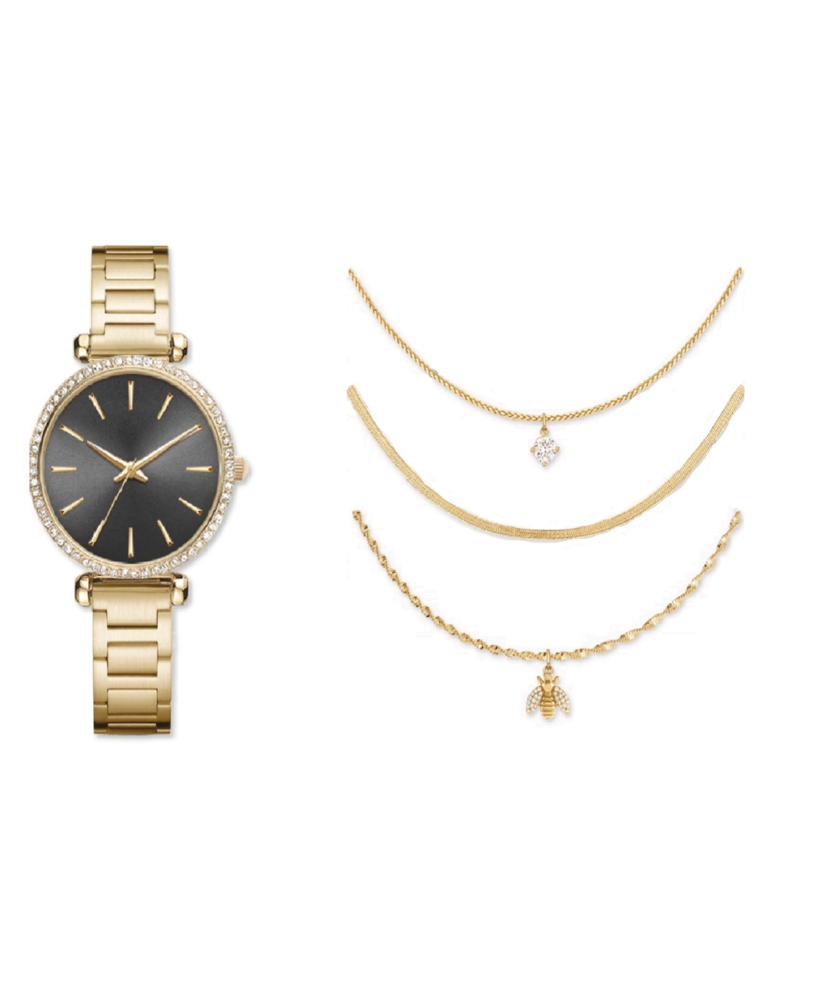 Women's Analog Shiny Gold-Tone Metal Bracelet Watch 33mm 4 Pieces Necklace Gift Set - Gold