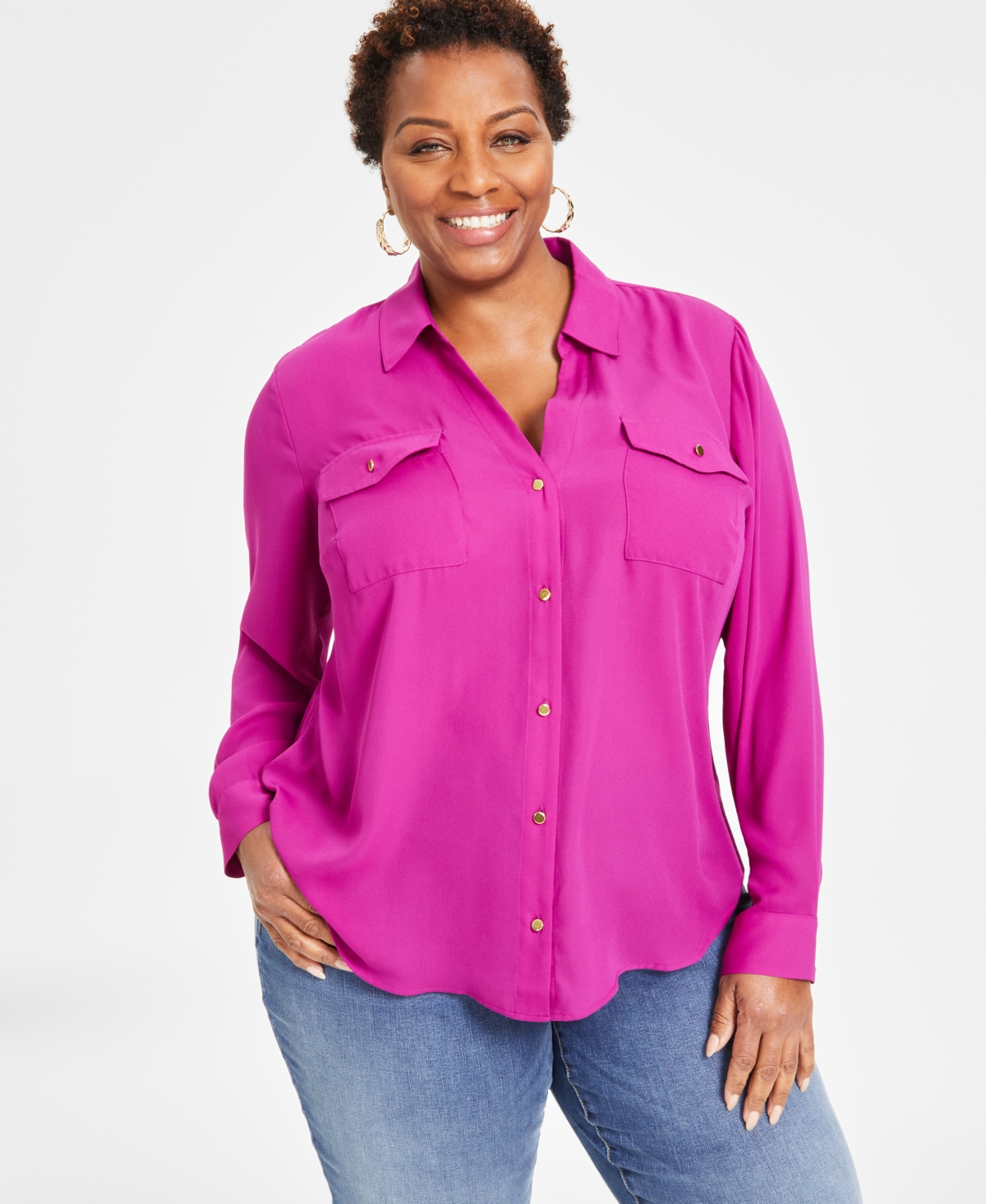 Plus Size Long-Sleeve Button-Front Blouse, Created for Macy's - Violet Orchid
