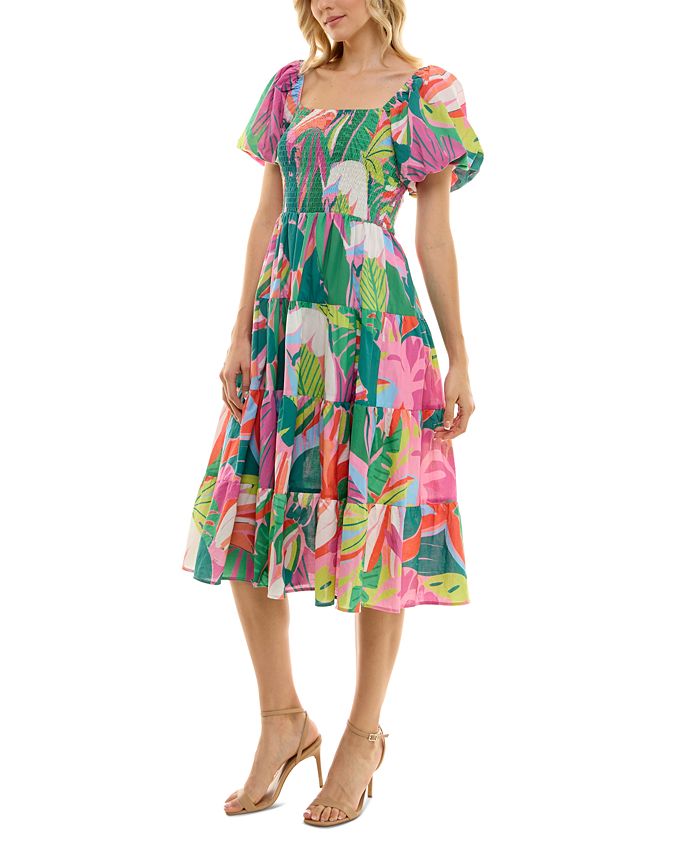 Crystal Doll Juniors' Printed Tiered Puff-Sleeve Dress - Macy's