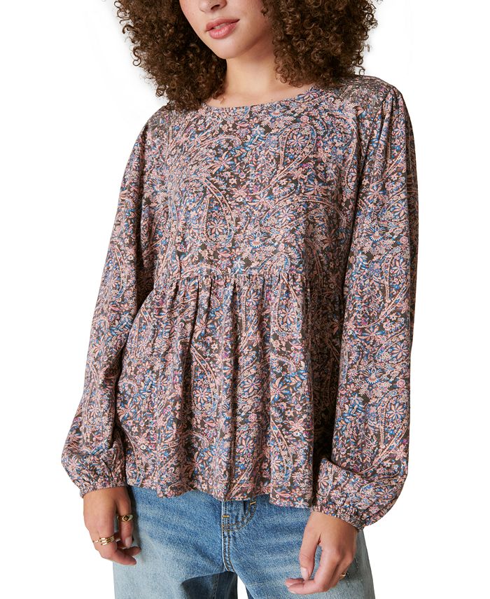 Lucky Brand Women's Embroidered Long Sleeve Babydoll Top, Washed