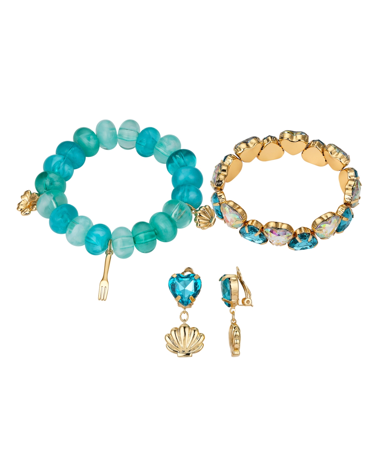 Disney Kid's Princess The Little Mermaid Gold-tone Shell And Flower Bracelet And Earring Set In Blue