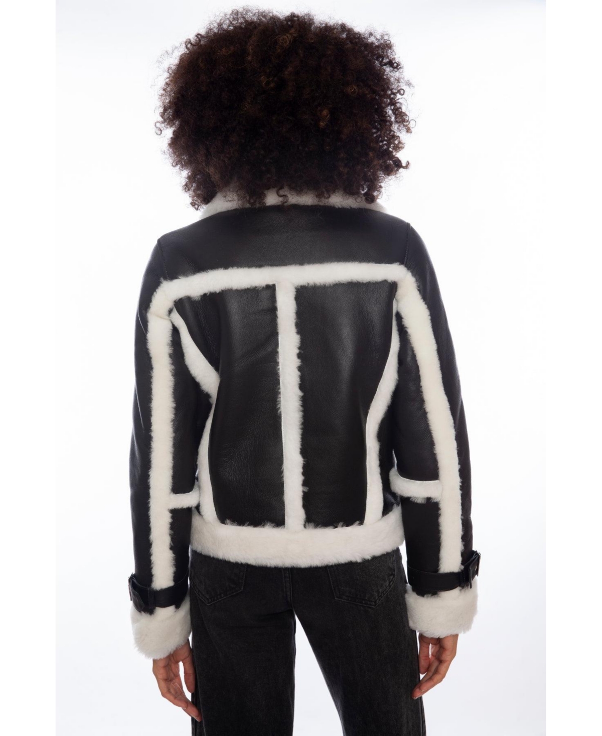 Furniq Uk Women's Shearling Half Zipper Jacket, Silkywith White Wool - Black