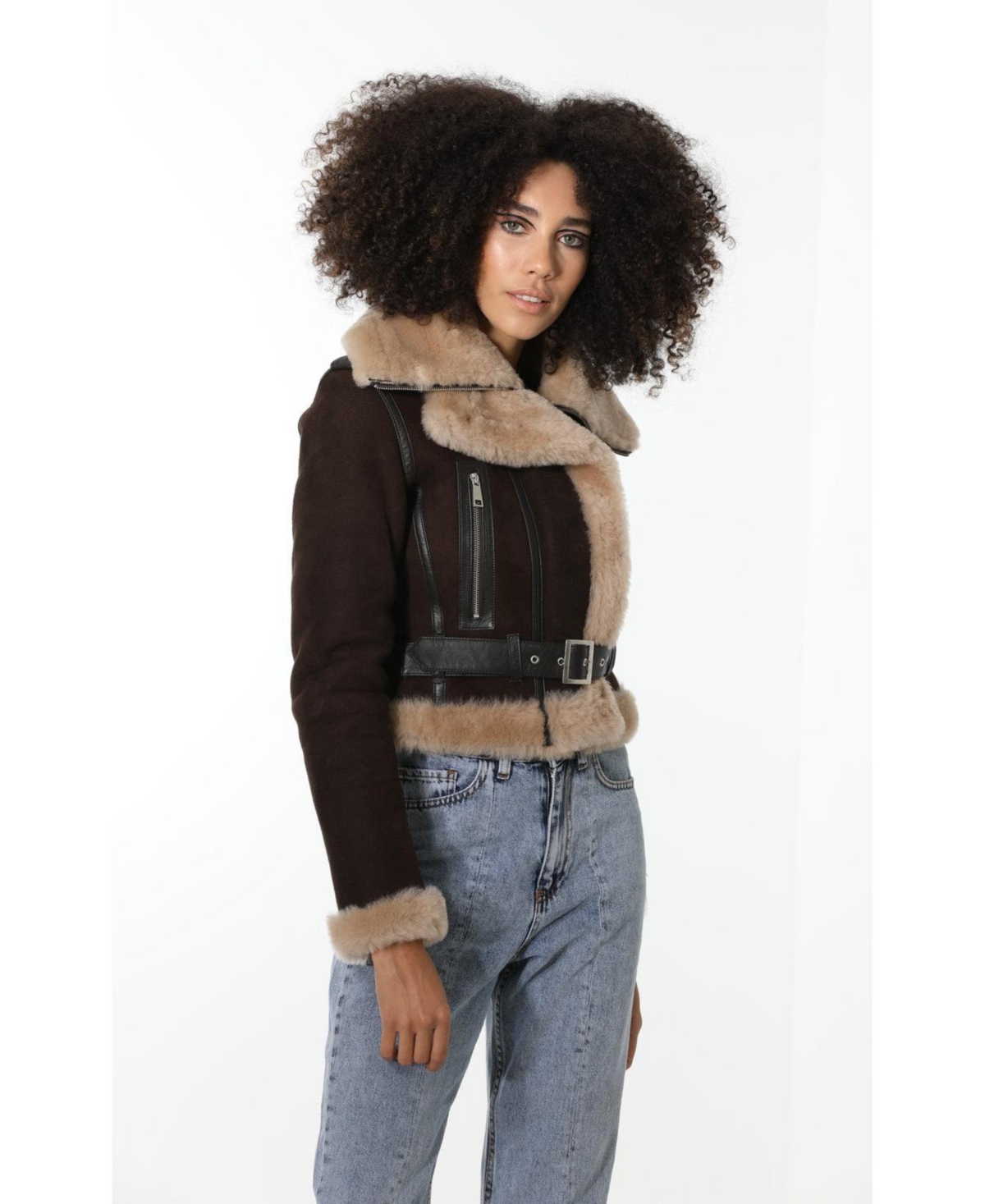 Furniq Uk Women's Shearling Fashion Short Jacket,Suede with Champagne Wool - Brown