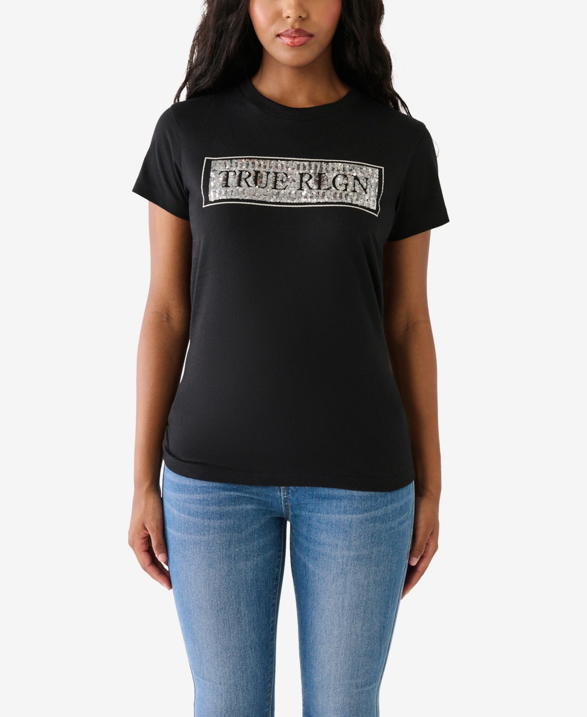 True Religion Women's Short Sleeve Sequins Crew T-shirt In Jet Black