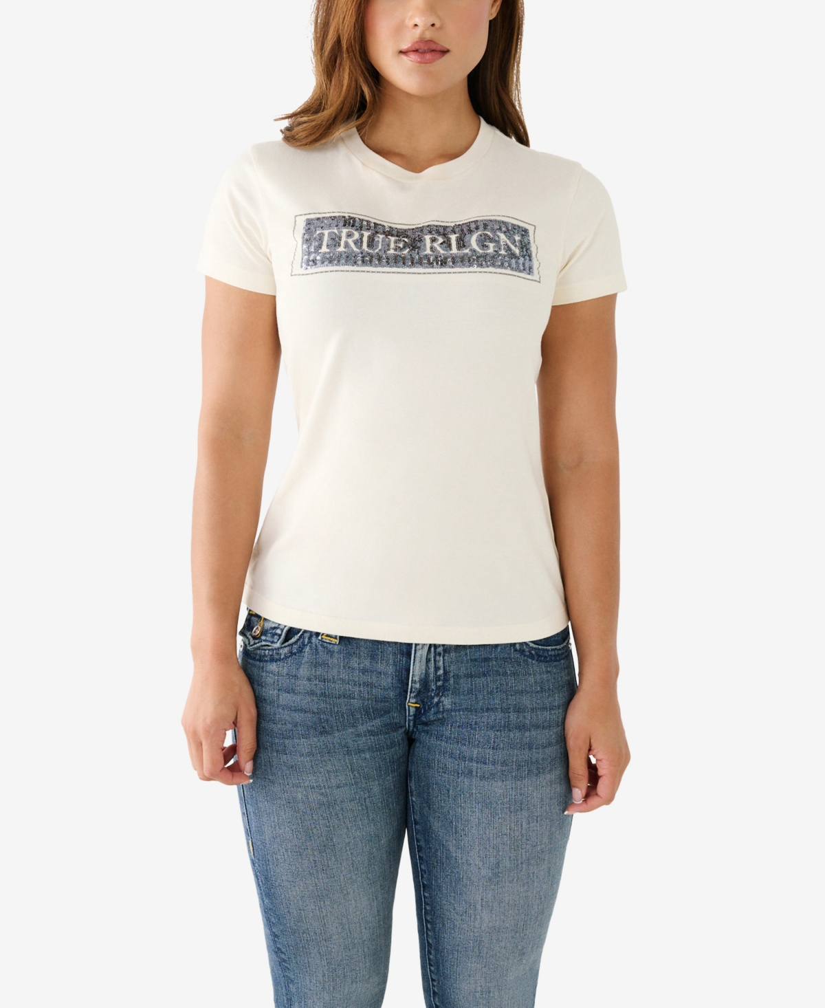 True Religion Women's Short Sleeve Sequins Crew T-shirt In Winter White