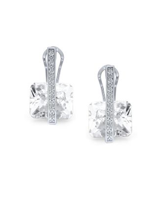 Art Deco Style Square Cubic Zirconia Rectangle Emerald Cut CZ Drop Earrings Rhodium Plated Omega Back
