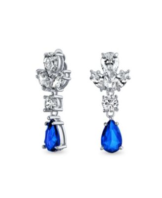 Vintage Cocktail Aqua CZ Leaf Dangle Teardrop Chandelier Clip On Earrings
