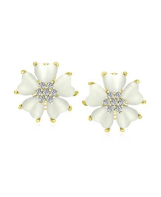 Romantic Cat Eye Stone Button-Style Heart-Shaped Petals Flower Stud Earrings with Omega Clip Yellow Gold Plated
