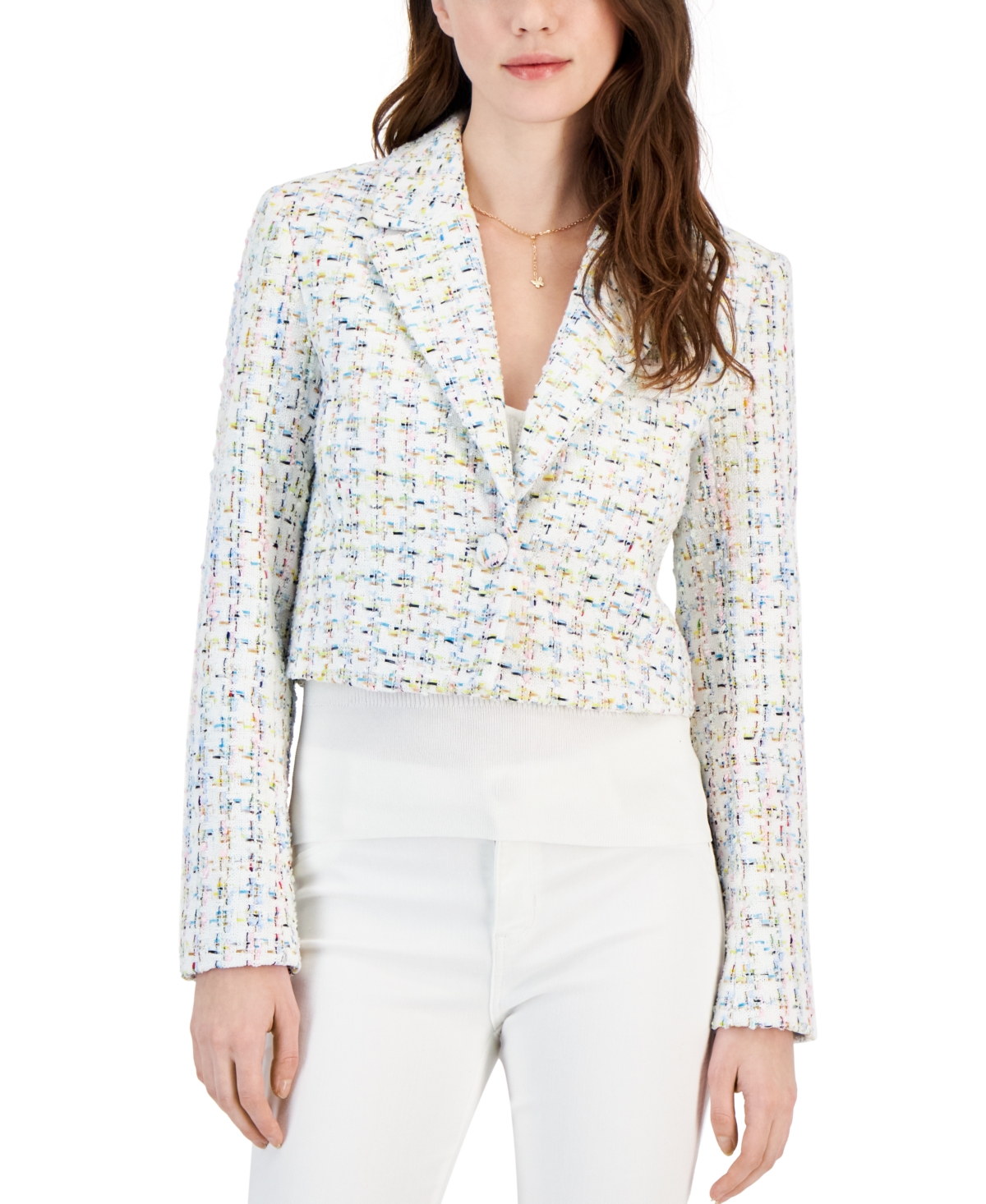 Women's Tweed One-Button Cropped Blazer - White Multi