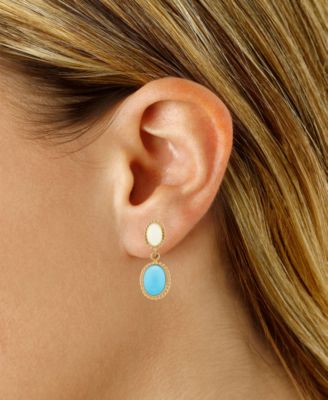 Opal & Turquoise Oval Rope-Framed Double Drop Earrings in 14k Gold