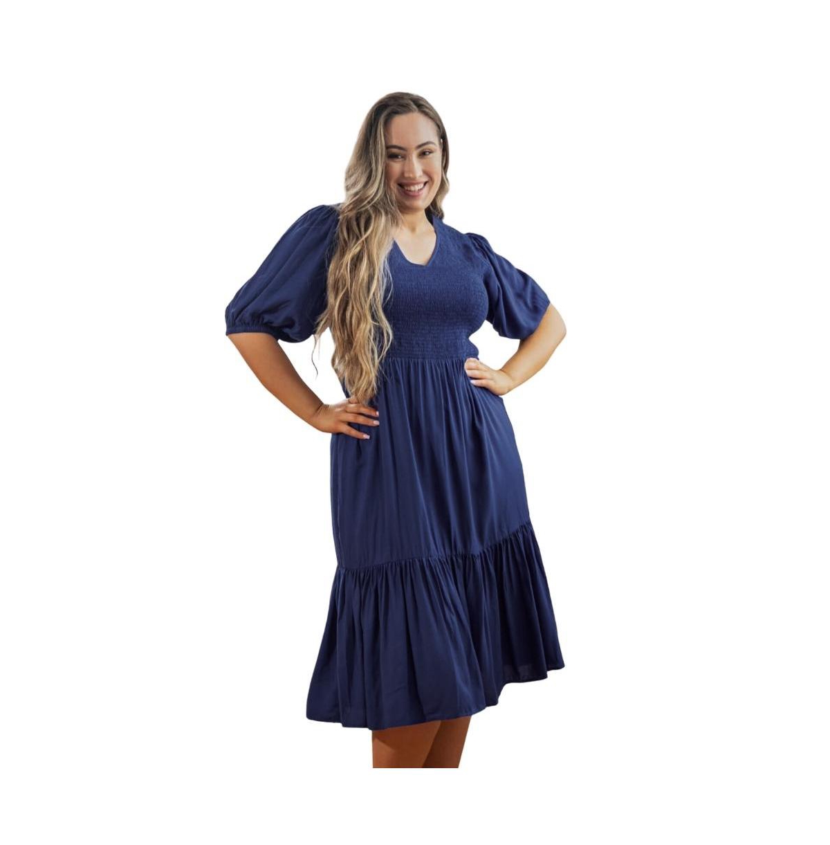 Women's Women s Blouse Sleeve Smocked Mia Midi Dress - Navy