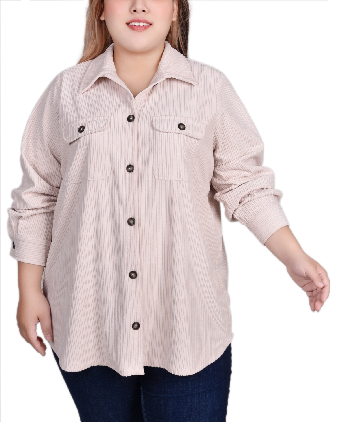 Ny Collection Plus Size Long Sleeve Corduroy Shirt Jacket In Eggnog