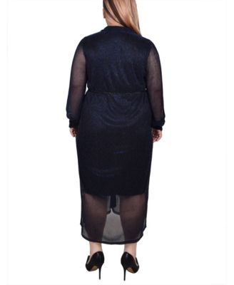 Plus Size Long Sleeve Plisse Mesh Dress with Belt