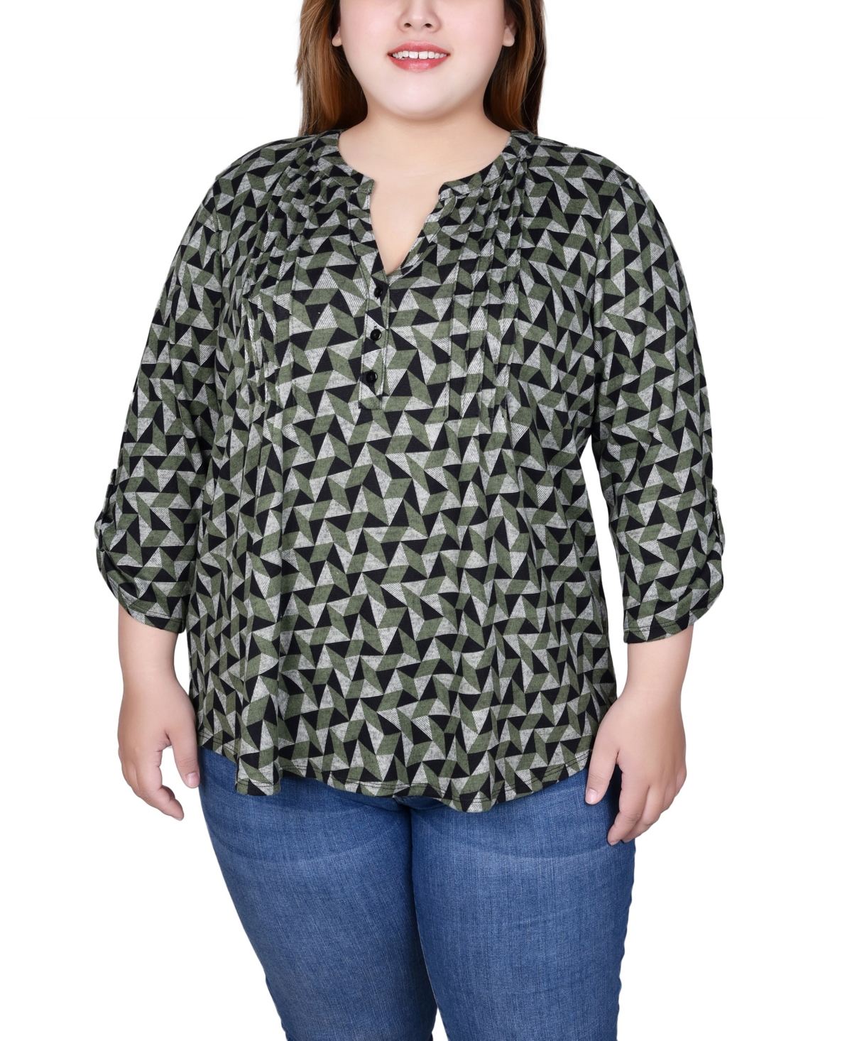 Ny Collection Petite Size 3/4 Roll Sleeve Top In Olive Pyramid