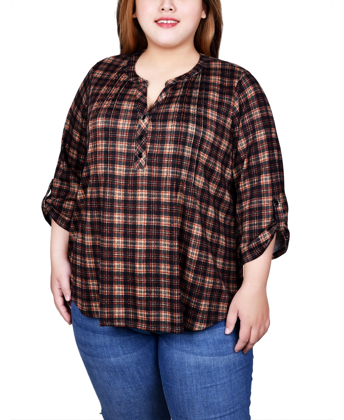 Ny Collection Plus Size 3/4 Roll Sleeve Top In Nude Black Plaid