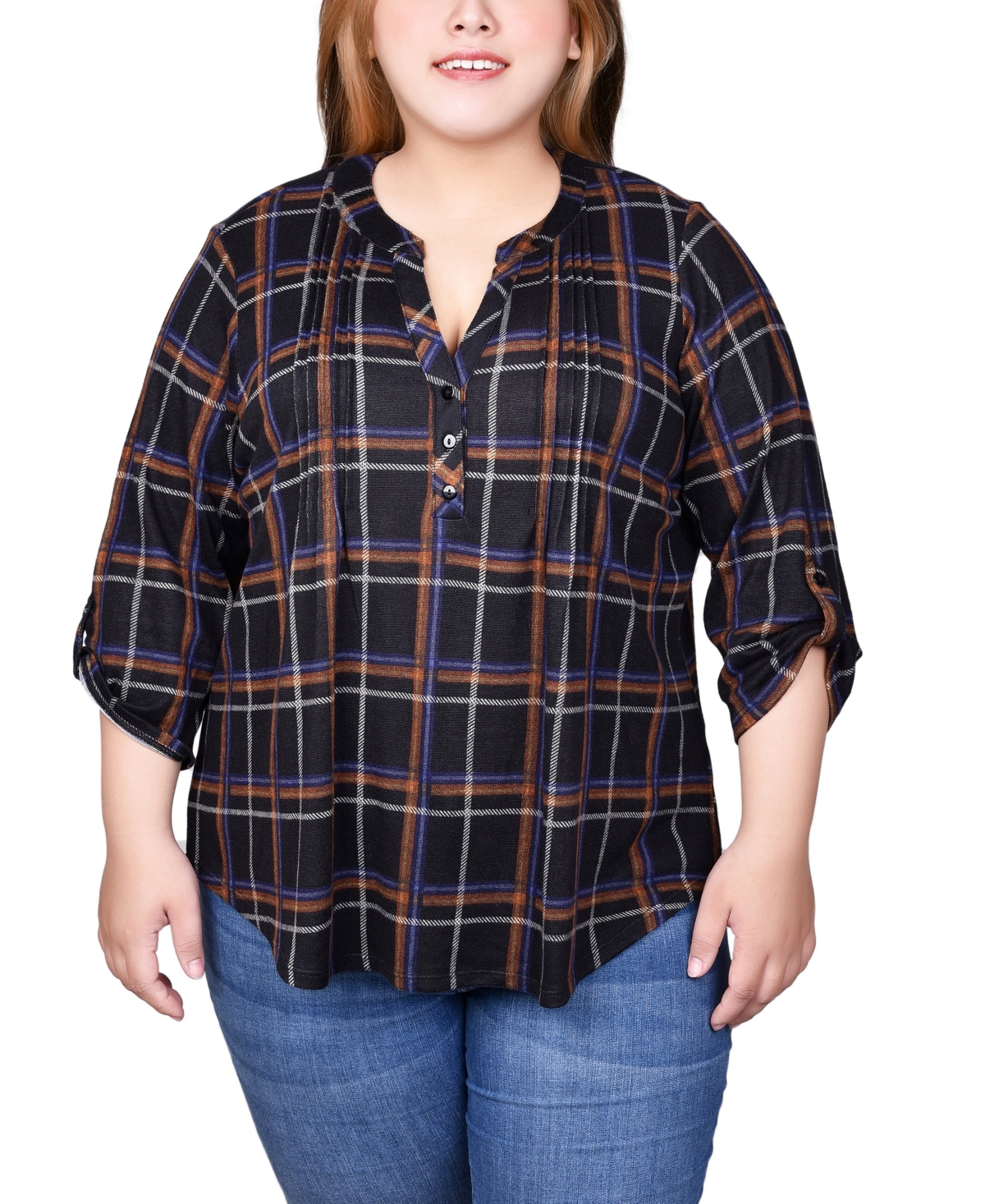 Plus Size 3/4 Roll Sleeve Top - Red Black Plaid